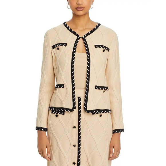 NEW Misook Contrast Trim Knit Jacket Textural Cable Knit Biscotti Black Size XL - Picture 4 of 10